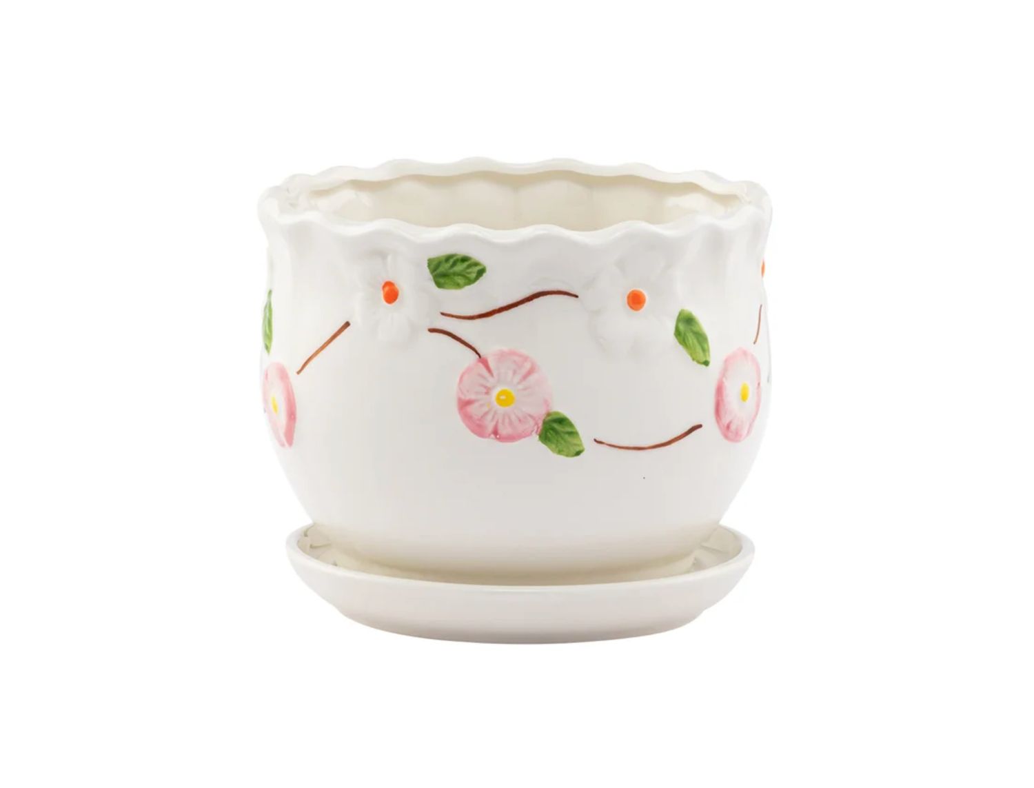5.5”H X 6” WHITE CERAMIC APPLE BLOSSOM PLANTER WITH SAUCER