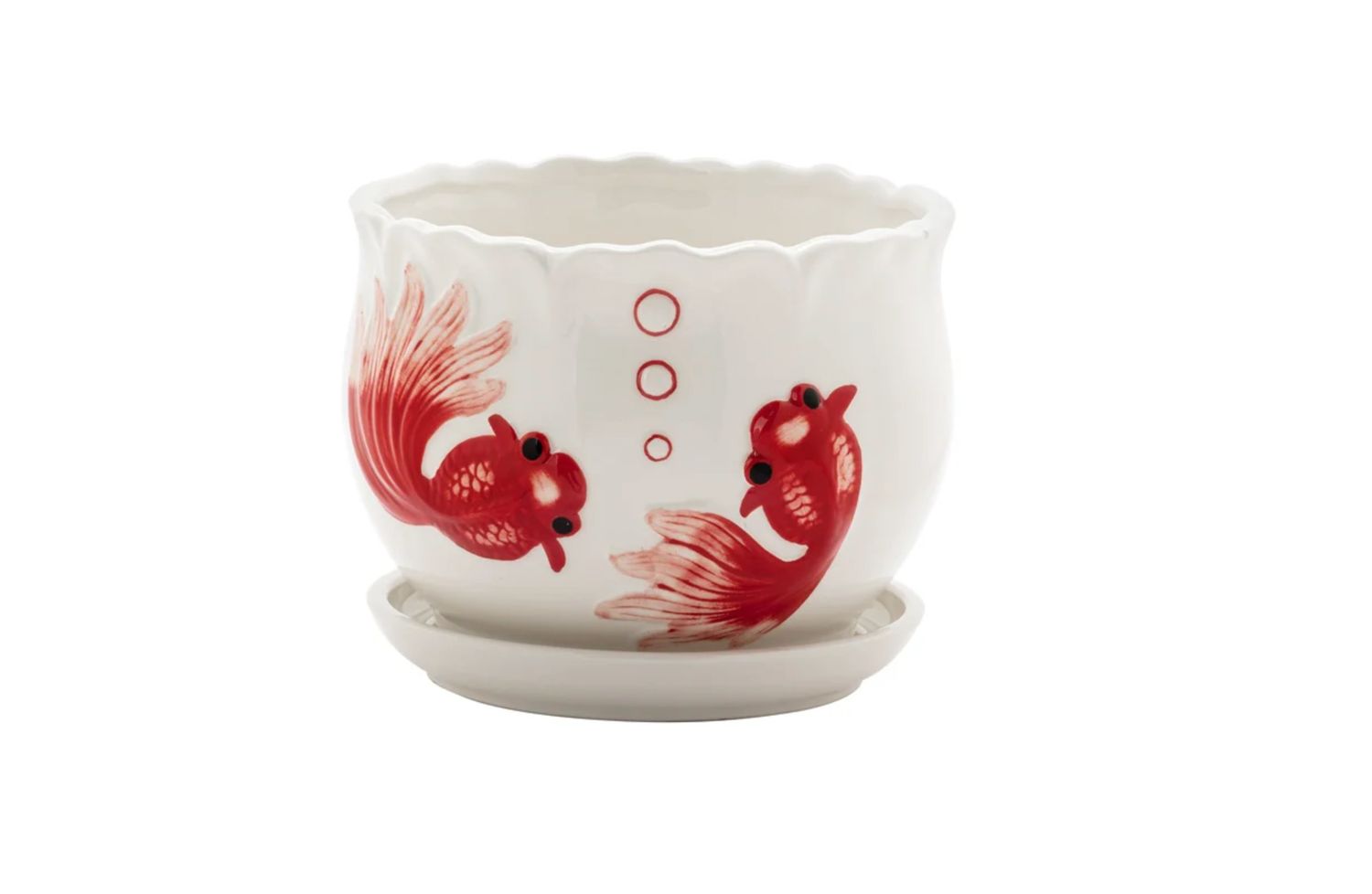7"H X 7.25” LARGE GOLDFISH CERAMIC PLANTER WITH SAUCER