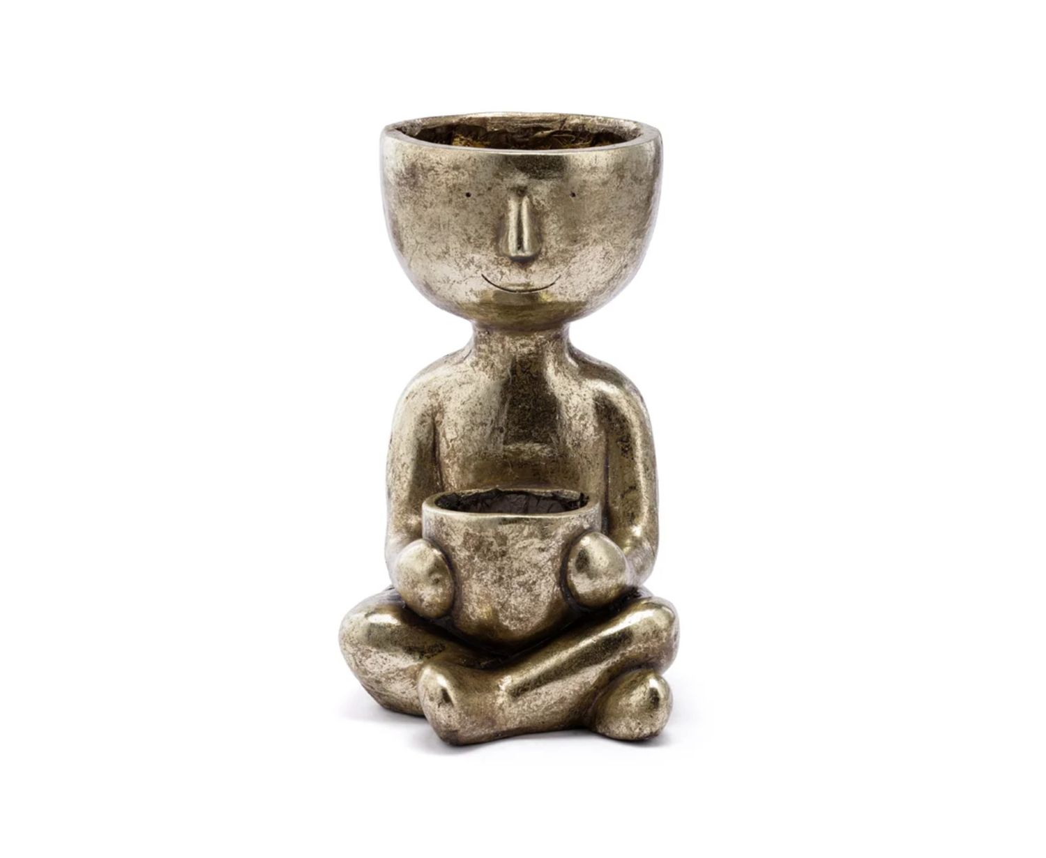 14.75”H X 8.5” X 9.75” GOLD POLY RESIDE PRIMITIVE SITTING PLANTER