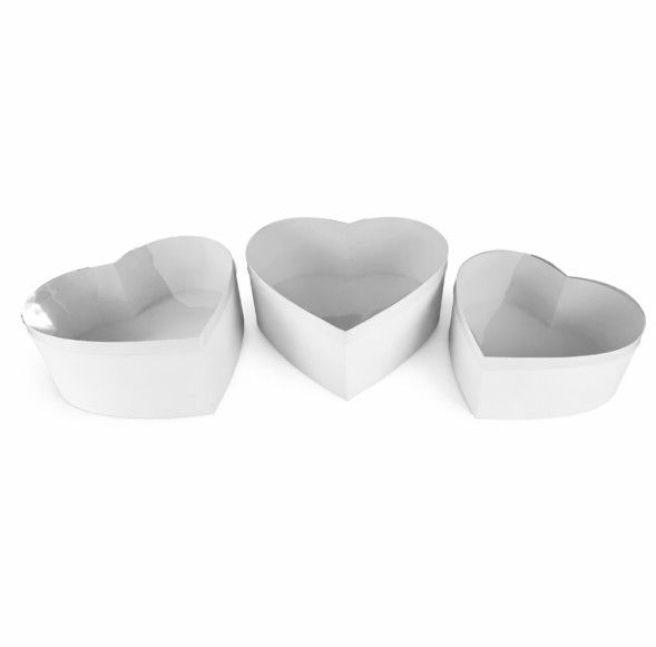 3-PIECE WHITE HEART GIFT BOXES WITH CLEAR LIDS SET 11” X 10.5” X 4.5”H, 12” X 11.5” X 5”H, 13” X 12.25” X 5.25”H
