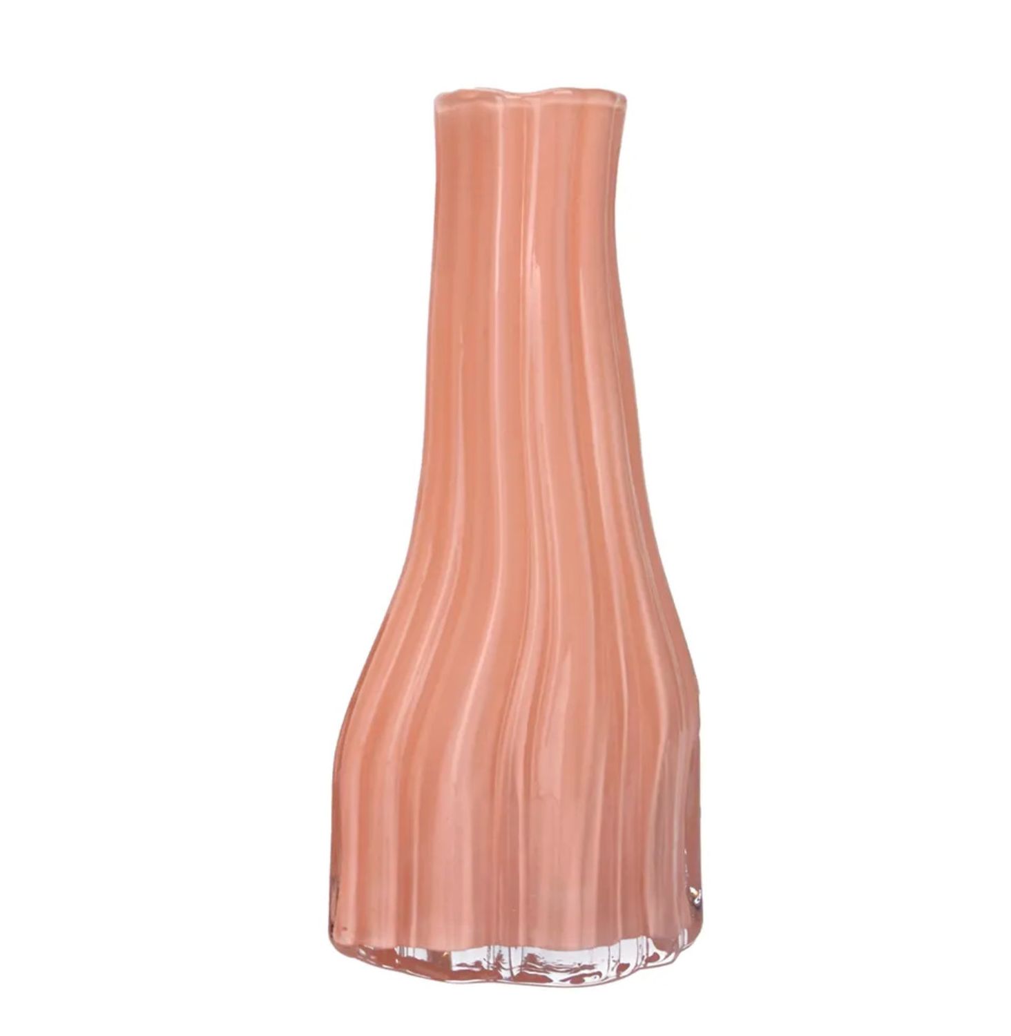 14”H X 6” RIBBED PINK GLASS VASE