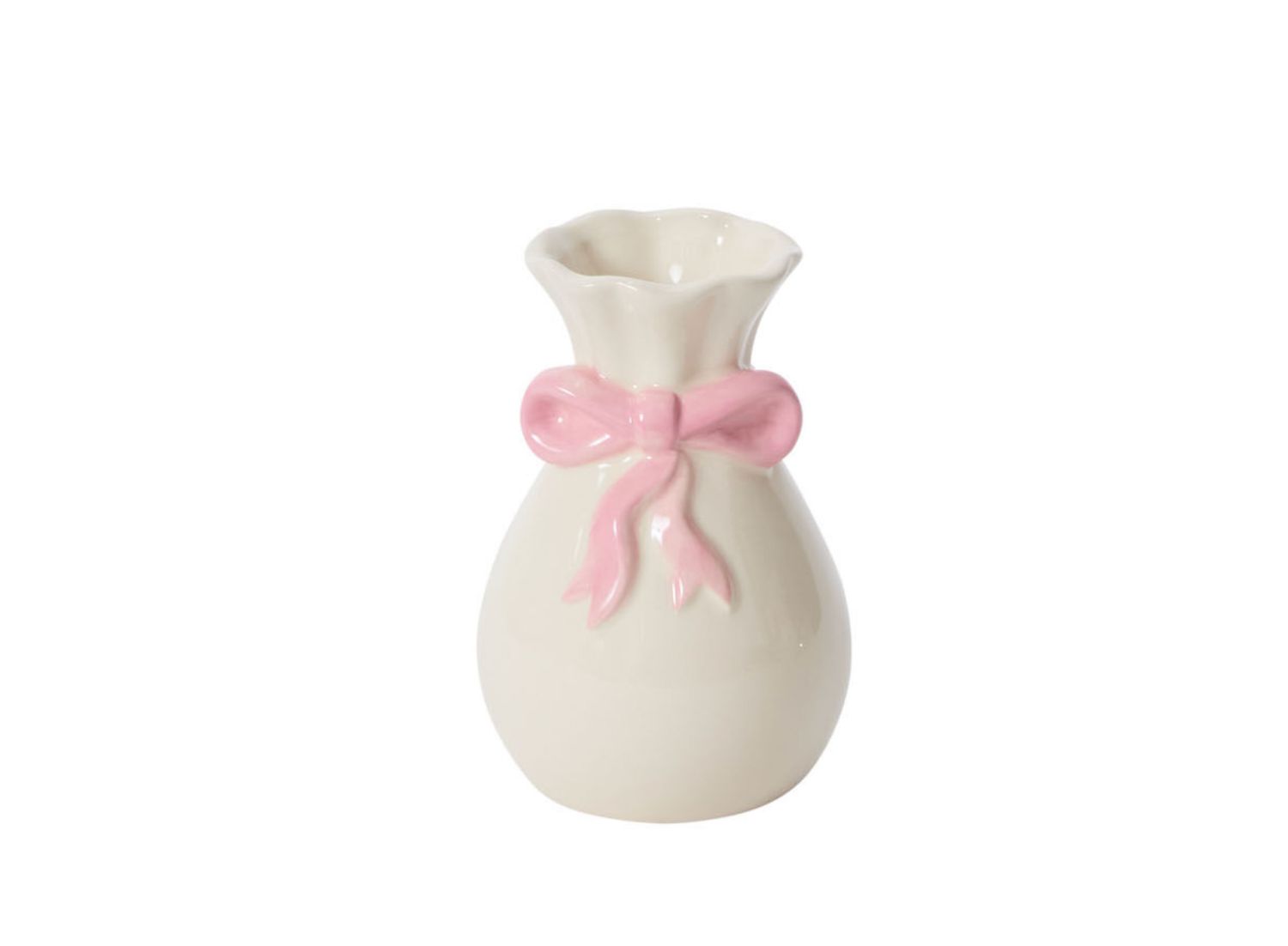 WHITE WITH PINK CERAMIC HEARTSTRING VASE, Size: 5.75"h x 3.75" (sku 19916 pk24)