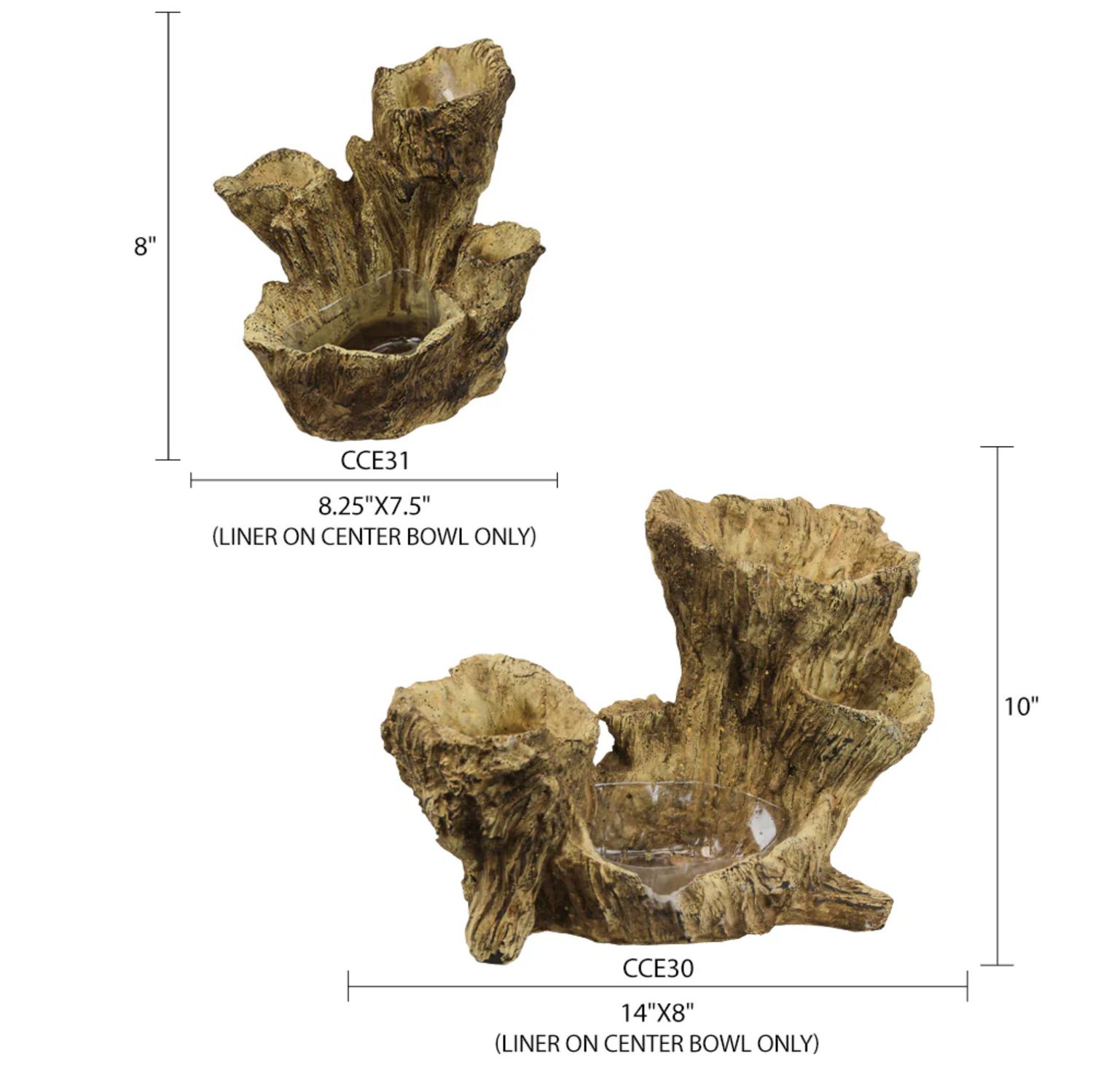 10”H X 14” X 8” CERAMIC WOOD LIKE Scano Root (Plastic Liner on center bowl only)