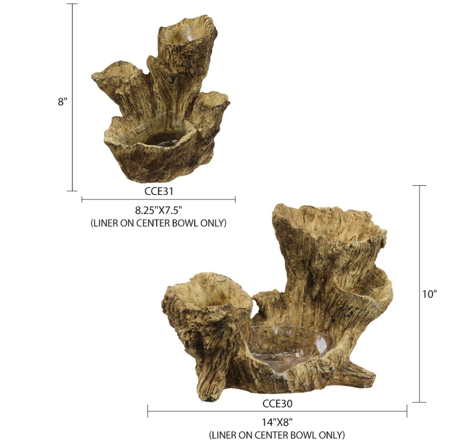 8”H X 8.25” X 7.5” CERAMIC WOOD LIKE Scano Root (Plastic Liner on center bowl only)