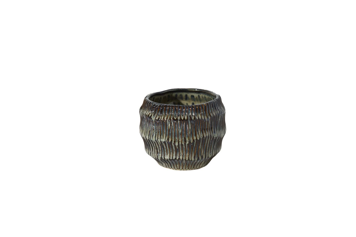3.5”H X 4.5” BROWN CERAMIC CARVER POT