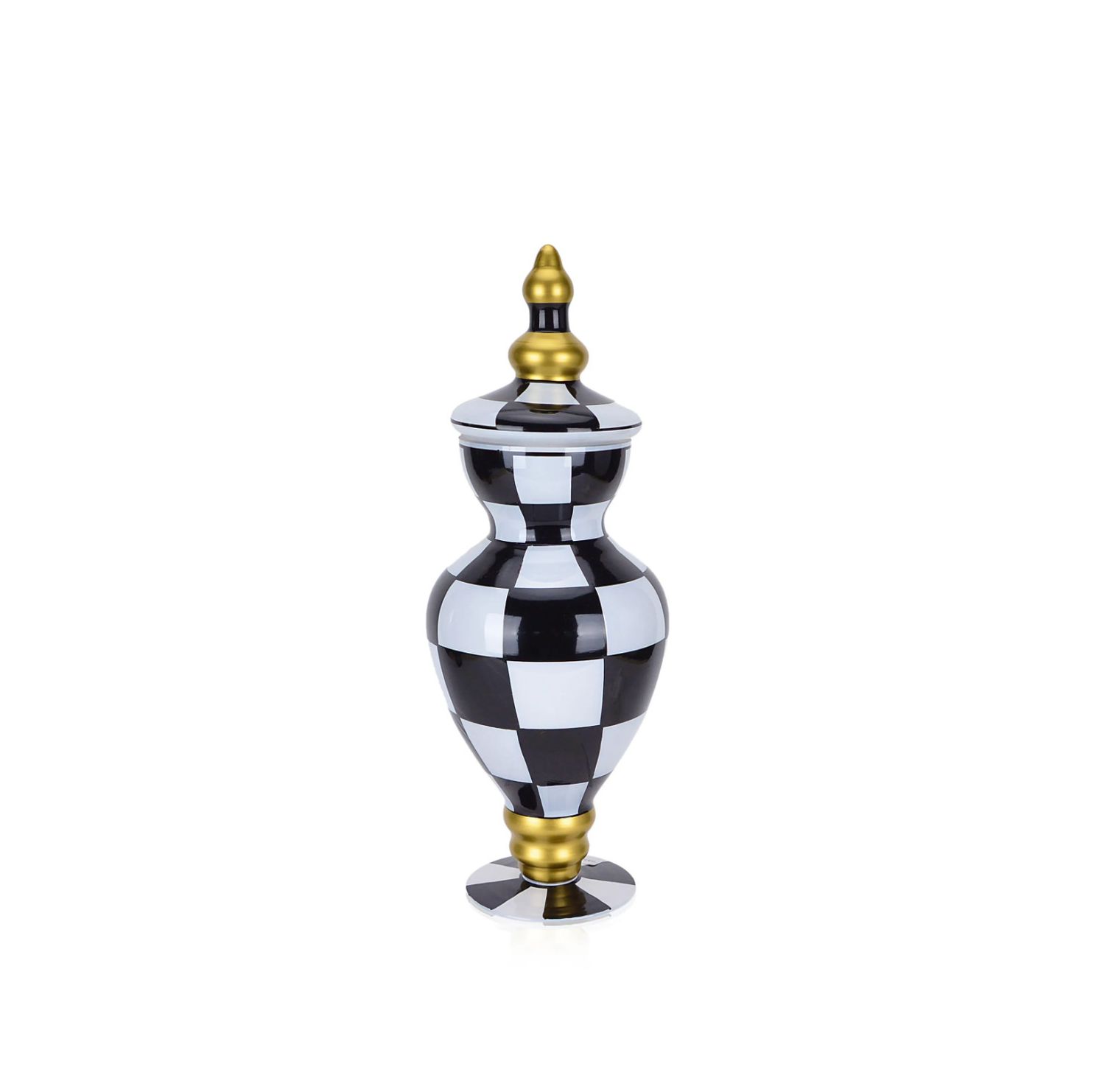 BLACK AND WHITE GLASS URN JAR WITH TOP CHECKER PRINT, Size: 15"H X 7" sku GA56016MT (pk6)