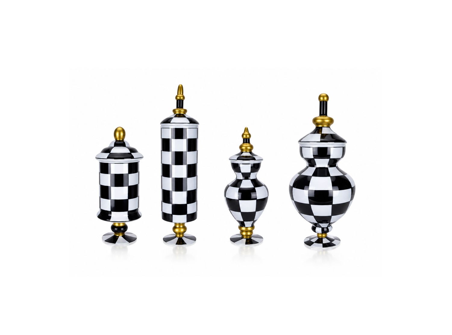 BLACK AND WHITE GLASS URN JAR WITH TOP CHECKER PRINT