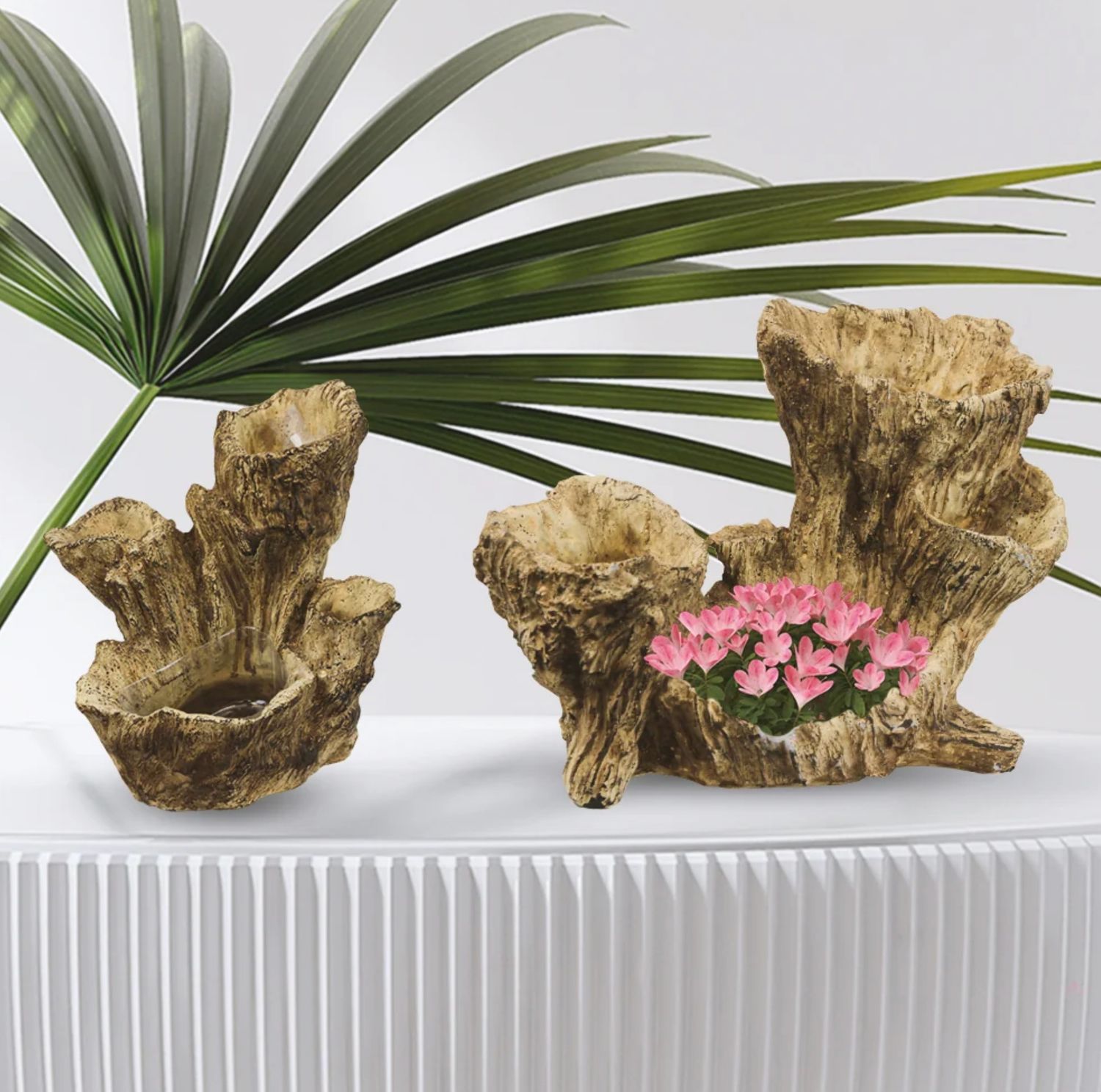CERAMIC WOOD LIKE SCANO ROOT POT (Plastic Liner on center bowl only)