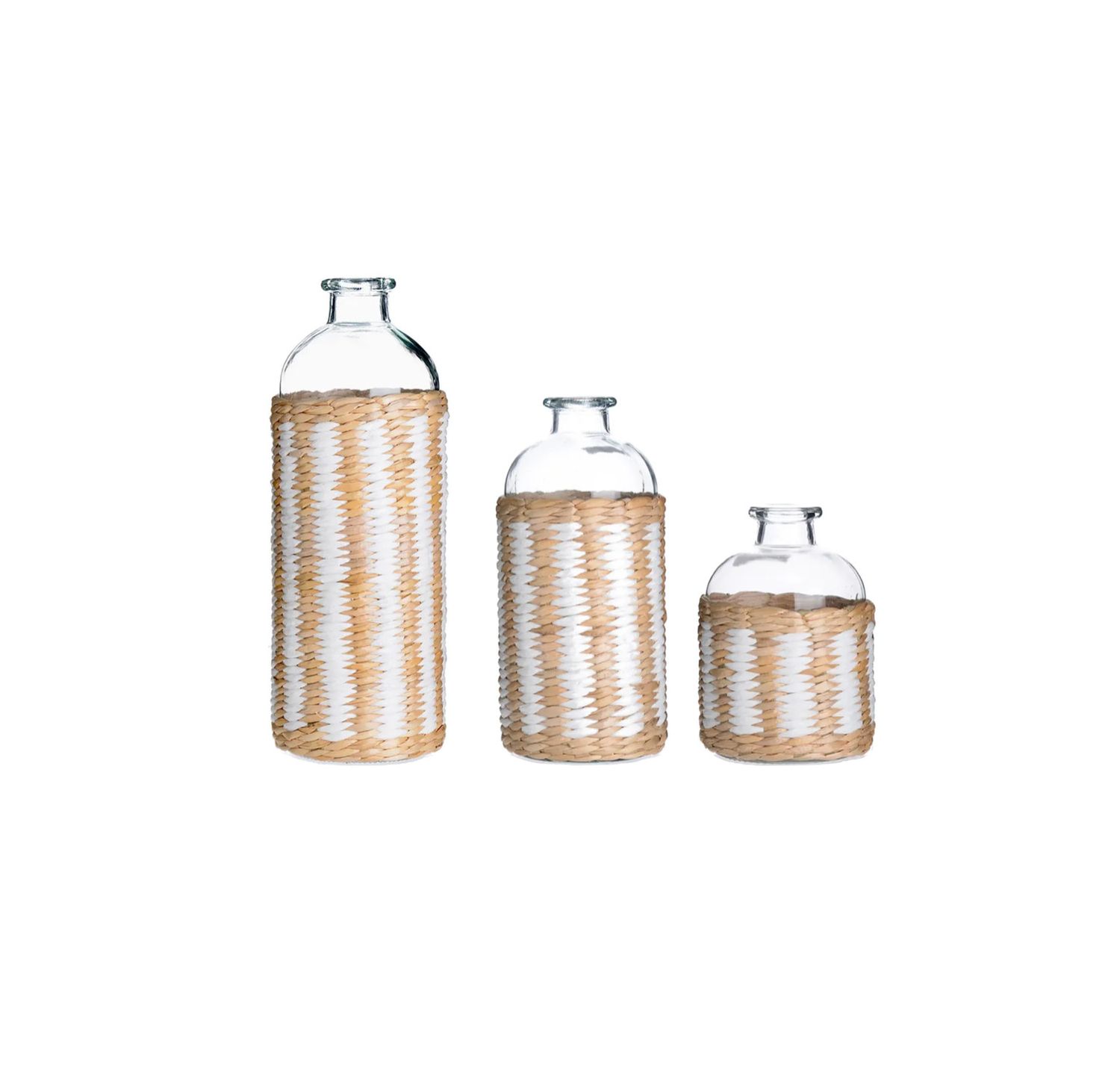 GLASS BUD VASE WITH WHITE AND BROWN ROPE