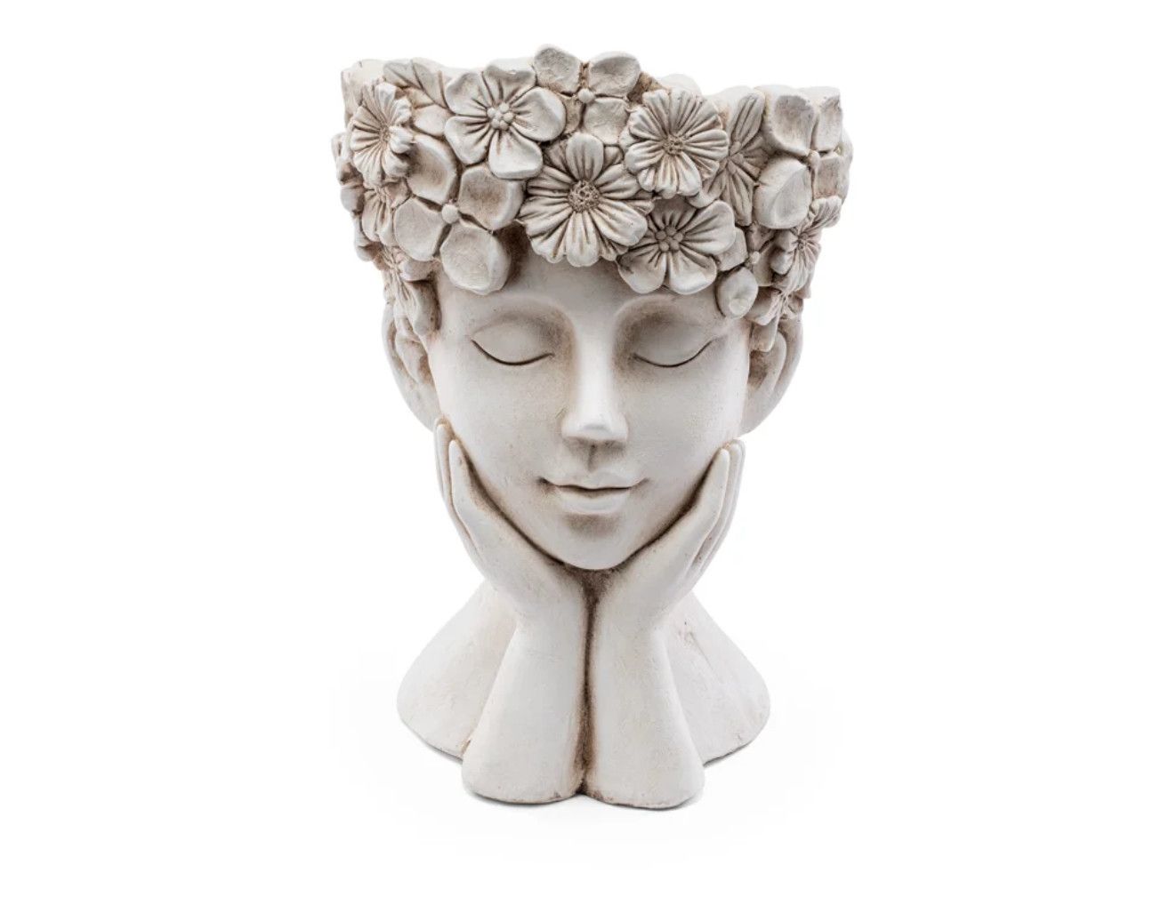 13.75"H X 7.5" RESIN FLOWER LADY WITH HANDS ON CHIN PLANTER
