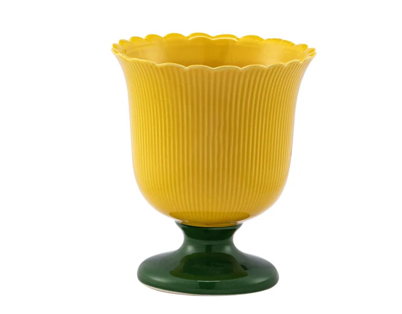 7.5"H X 5.5" YELLOW CERAMIC RIBBED PEDESTAL PLANTER