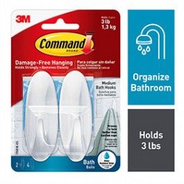 Command Bath Hook, Medium, Clear Frosted, 2-Hooks, 2-Medium Water Resistant Strips