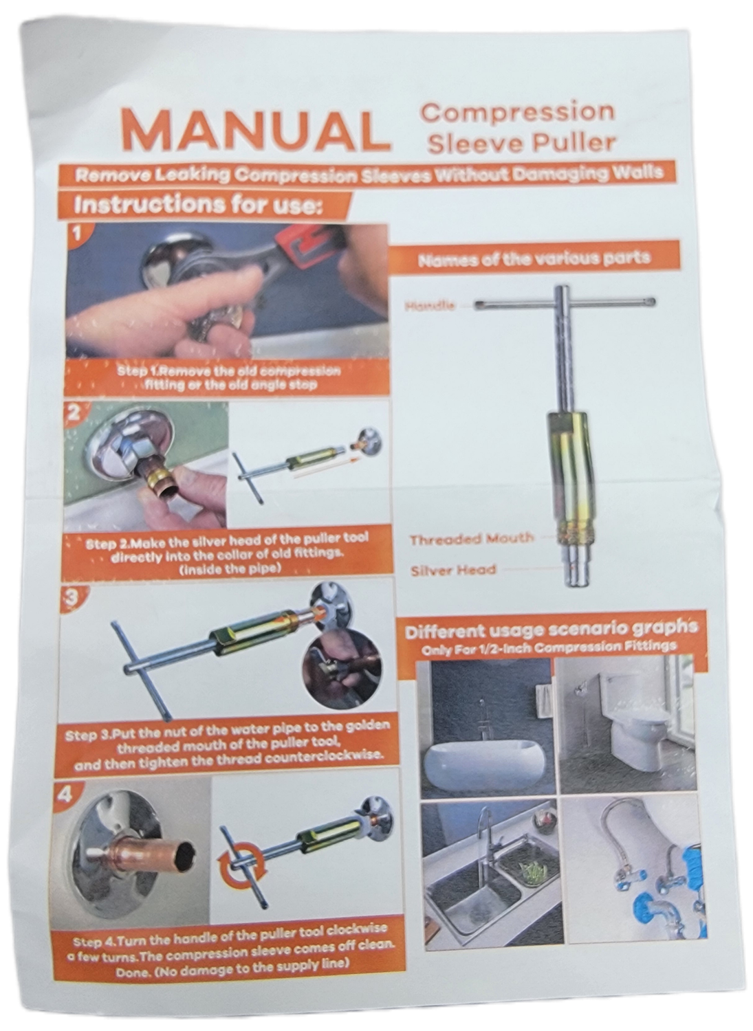 Compression Sleeve Puller Tool Remove Nut &amp; Ferrule Of Pipe 03943, Sleeve Remover For 1/2” Compression Fittings Only, Corroded &amp; Frozen Supply Stops, Plumbing Tools Compression Ring Removal Tool