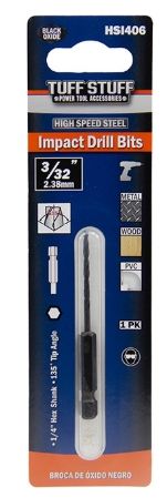 Impact Drill Bits 3/32" , 1/4" Hex Shank