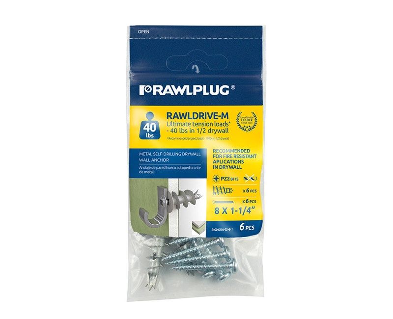 RAWLPLUG RAWLDRIVE- M FOR SINGLE DRYWALL WITH #8 x 1-1/4 SCREWS (BAG OF 6) METAL SELF-DRILLING HOLLOW WALL ANCHORS WITH #8 SCREWS