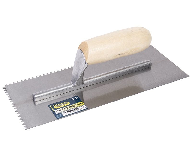 V Notch Scratcher Trowel with Wood Handle, 12" x 5" 1/2" x 1/2"