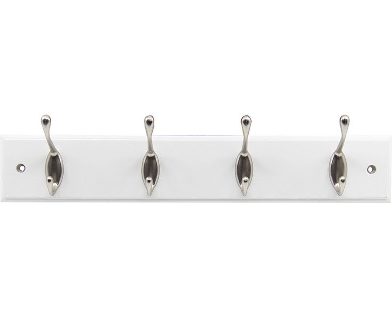 Coat and Hat Hook on White Wooden Board 4 Satin Nickel Hooks