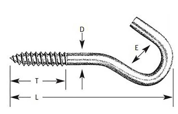 SCREW HOOK LAG SCREW THREAD 4 1/8" OVERALL LTH. X 1/4"