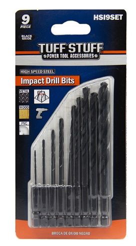 IMPACT BLACK OXIDE DRILL BIT 9 PC. SET CARDED CONTAINS: 1/16" 3/32" 1/8" 5/32" 3/16" 7/32" 1/4" 5/16" 3/8"