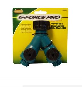 G-FORCE 53200 HEAVY DUTY POLY Y HOSE CONNECTOR WITH SHUT OFF VALVE CARDED