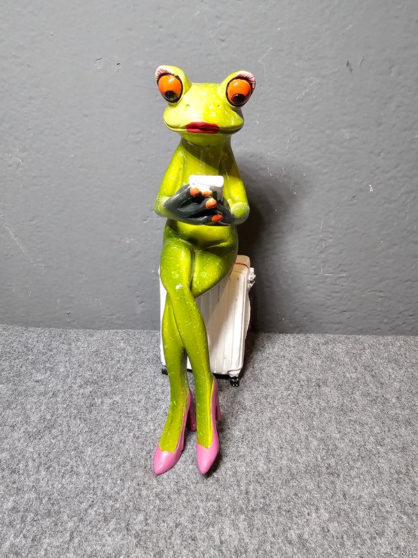 Żaba na białej walizce