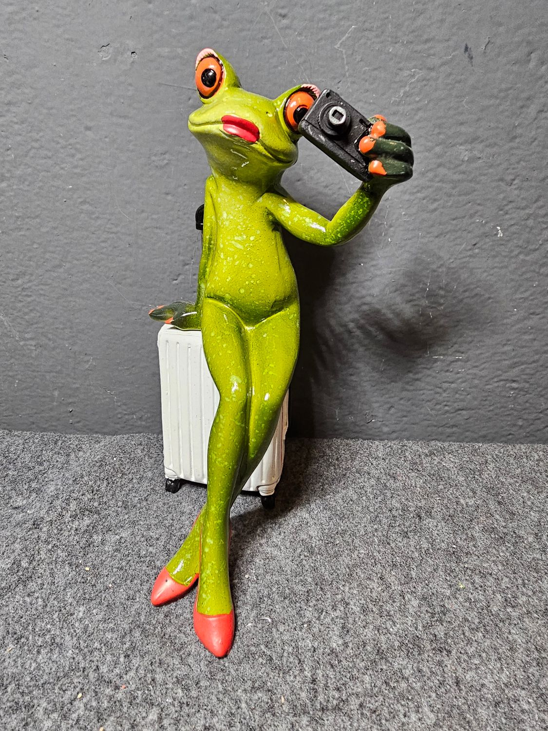 Żaba siedząca na walizce robiąca selfie