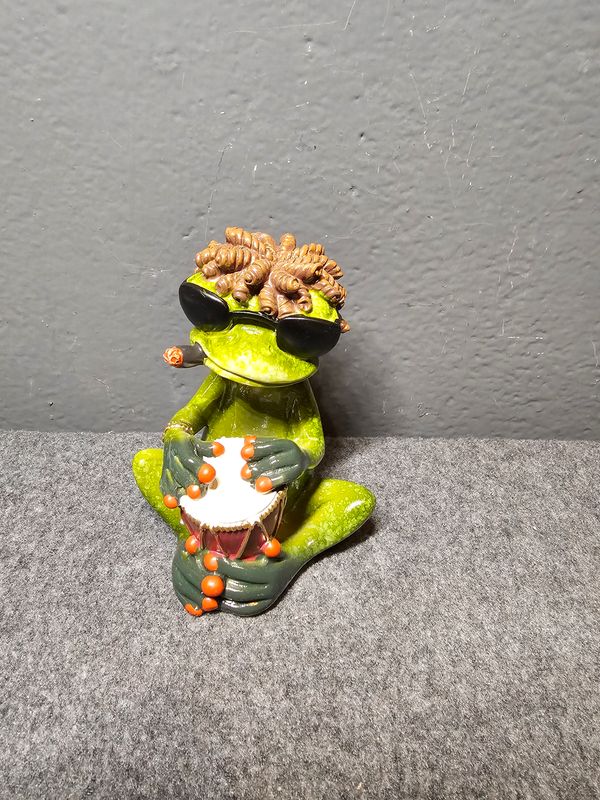 Żaba hipis grająca na bębnie