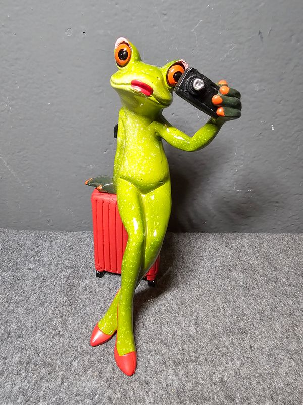 Żaba na walizce robiąca selfie