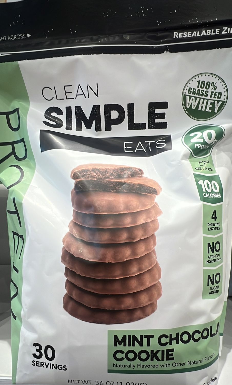 Clean Simple Eats mint chocolate chip cookie protein