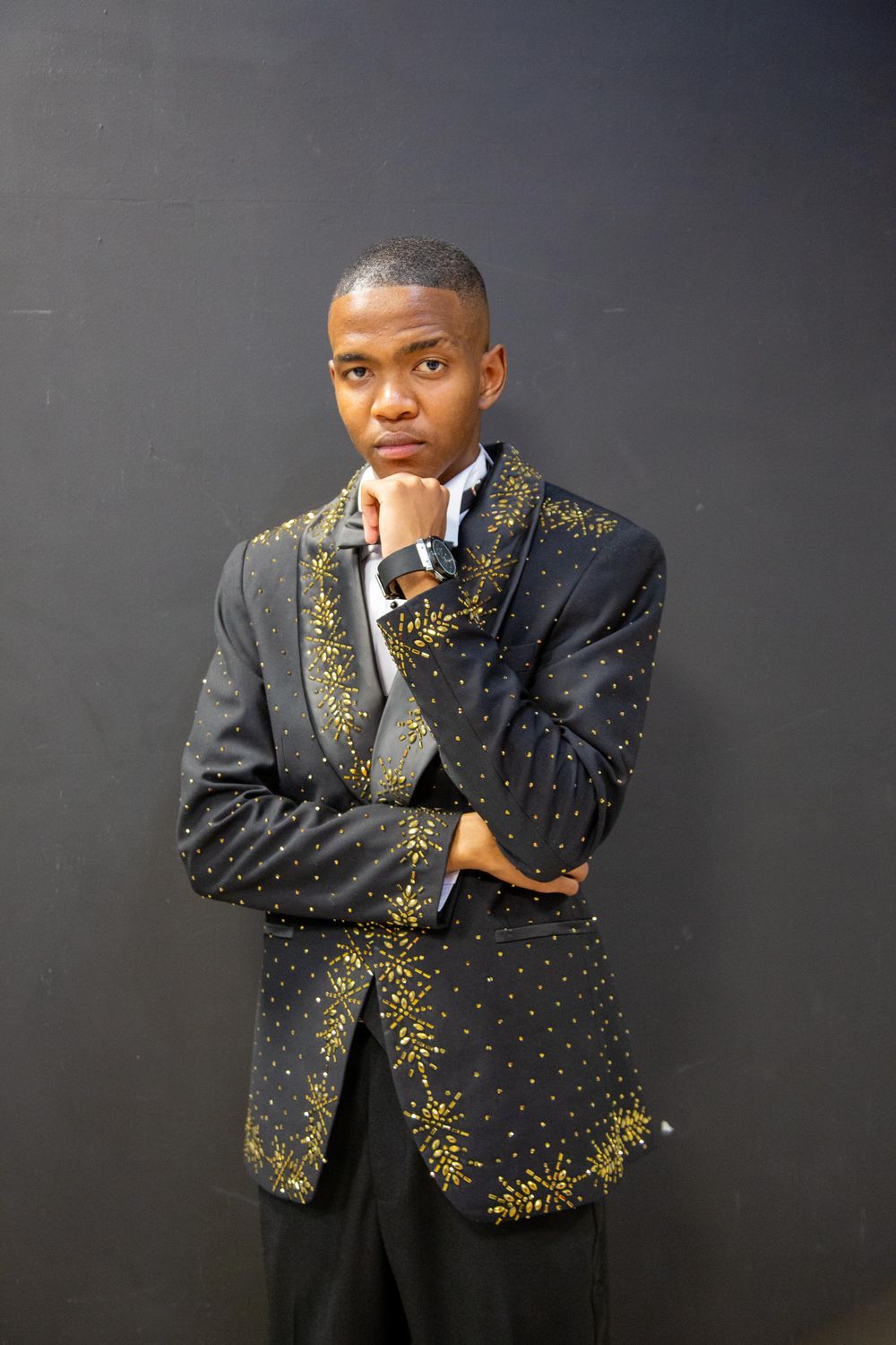 BLACK SUIT WITH GOLD RHINO STONES – AUCKLEY M BOUTIQUE