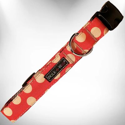 Walk-e-Woo Collar/Leash - Tan Dot on Red