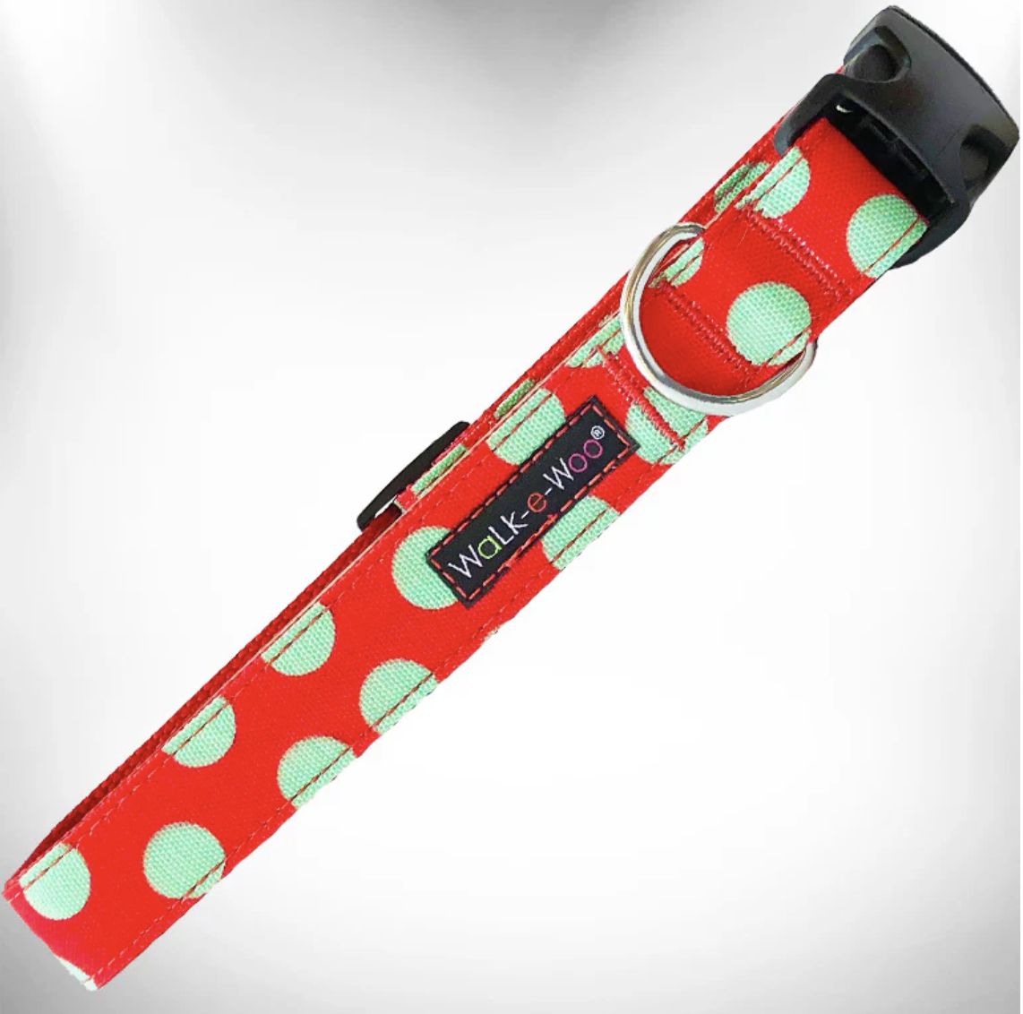 Walk-e-Woo Collar/Leash - Mint Green Dot On Red, Size: XS