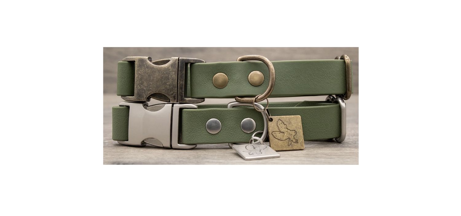 Hoot &amp; Co Collar/Leash - Olive, Material: Antique Brass, Size: SM