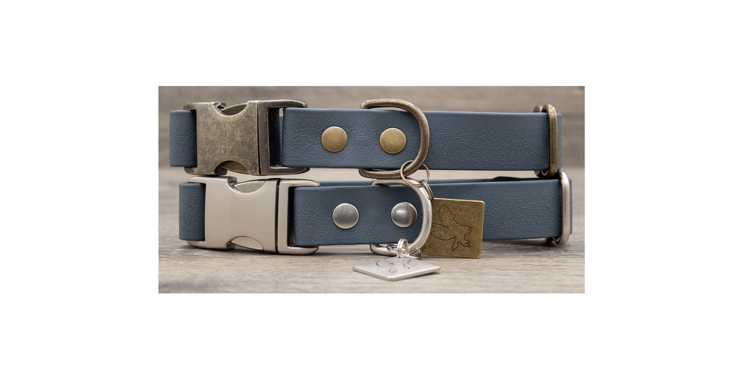 Hoot &amp; Co Collar/Leash - Slate Blue, Material: Antique Brass, Size: SM