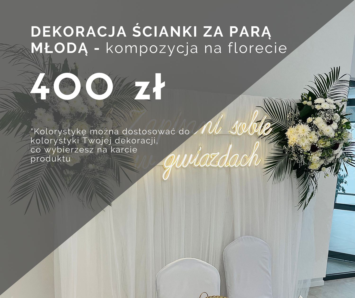 Dekoracja ścianki za Parą Młodą - kompozycje na florecie