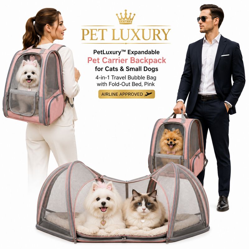 PetLuxury™ Expandable Pet Carrier Backpack for Cats & Small Dogs - 4-in-1 Travel Bubble Bag with Fold-Out Bed, Pink | Airline Approved