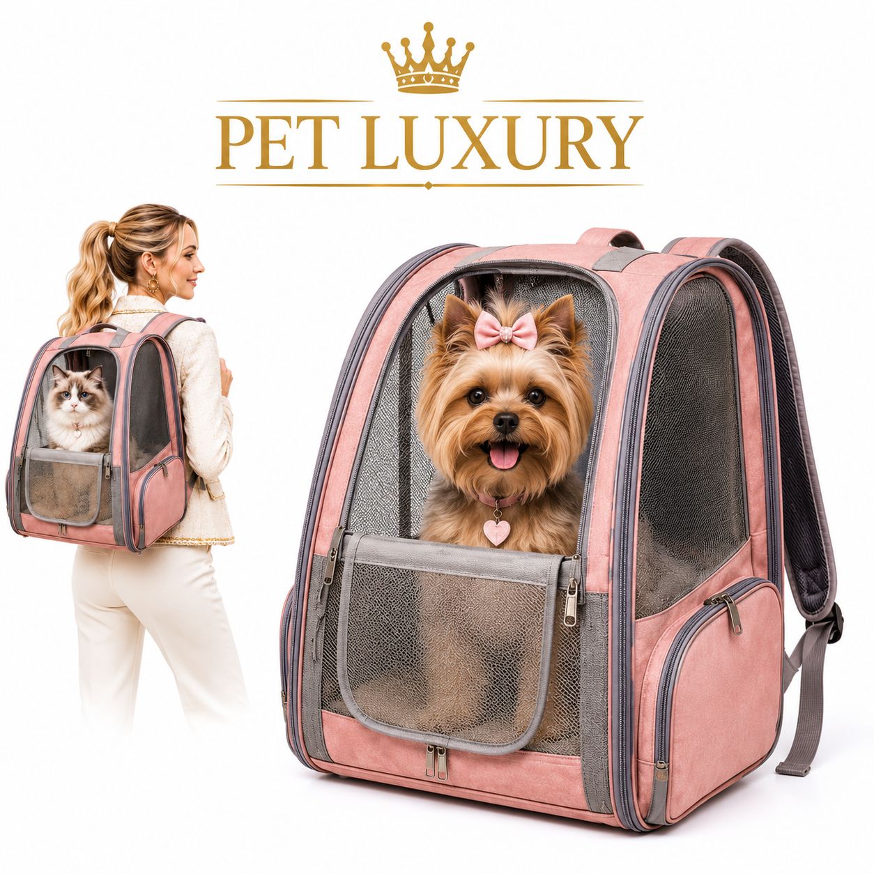PetLuxury™ Expandable Pet Carrier Backpack for Cats & Small Dogs - 4-in-1 Travel Bubble Bag with Fold-Out Bed, Pink | Airline Approved PetLuxury™ Expandable Pet Carrier Backpack for Cats & Small Dogs - 4-in-1 Travel Bubble Bag with Fold-Out Bed, Pink | Airline Approved