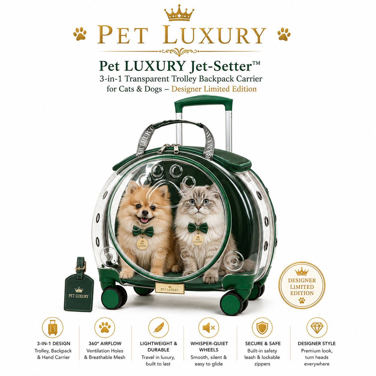 Pet LUXURY Jet-Setter™ 3-in-1 Transparent Trolley Backpack Carrier for Cats & Dogs – Designer Limited Edition