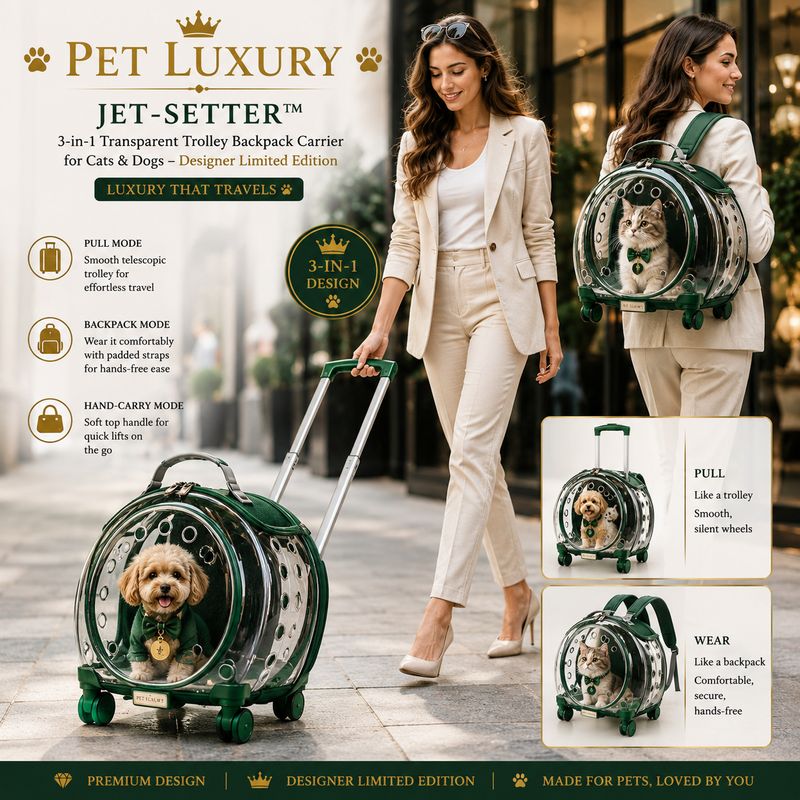 Pet LUXURY Jet-Setter™ 3-in-1 Transparent Trolley Backpack Carrier for Cats & Dogs – Designer Limited Edition