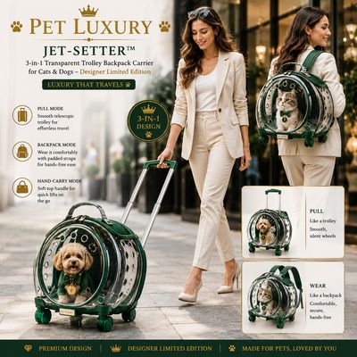 Pet LUXURY Jet-Setter™ 3-in-1 Transparent Trolley Backpack Carrier for Cats & Dogs – Designer Limited Edition