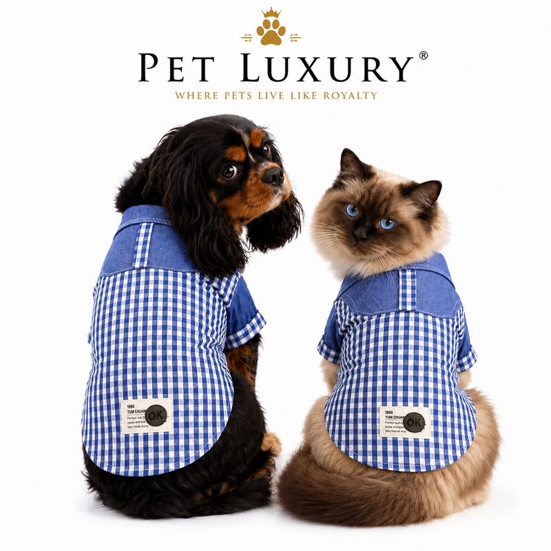 Pet Luxury FarmStyle™ Azure Plaid – Premium Dog & Cat Button-Up Shirt
