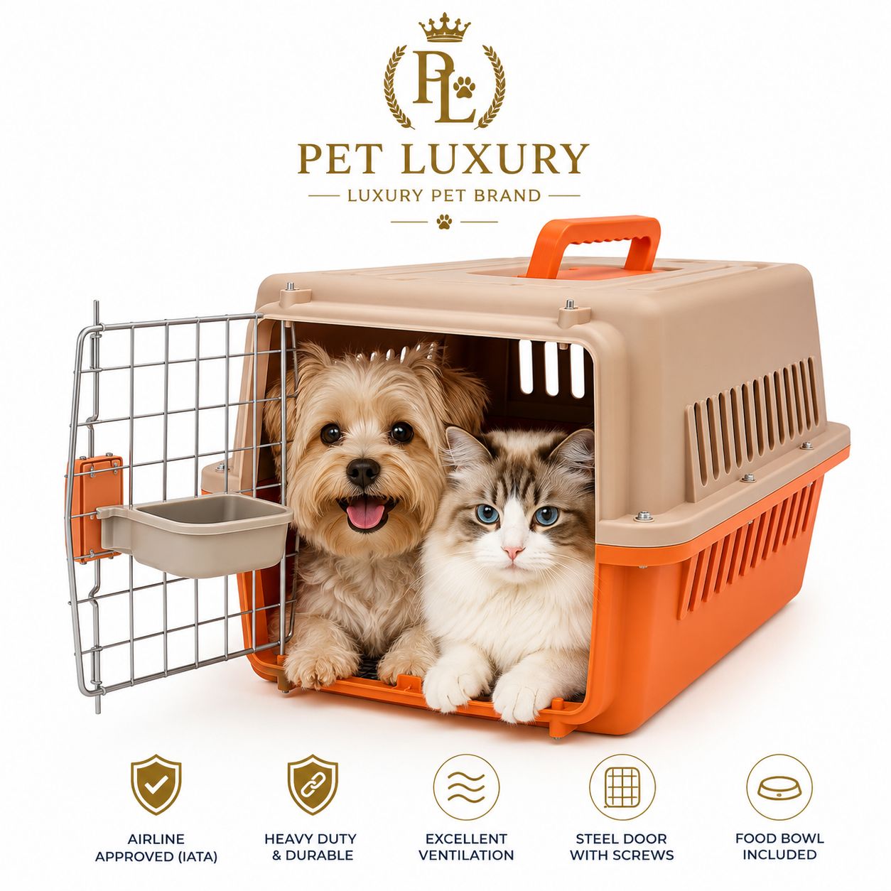 Dog Cat Carrier Airline Approved - Pet Luxury Heavy Duty IATA Travel Crate with Steel Door, Screws, Food Bowl & Ventilation - Pet Kennel for Travel, Orange