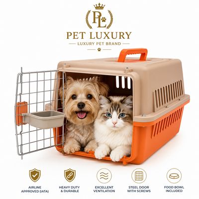 Dog Cat Carrier Airline Approved - Pet Luxury Heavy Duty IATA Travel Crate with Steel Door, Screws, Food Bowl & Ventilation - Pet Kennel for Travel, Orange Dog Cat Carrier Airline Approved - Pet Luxury Heavy Duty IATA Travel Crate with Steel Door, Screws, Food Bowl & Ventilation - Pet Kennel for Travel, Orange