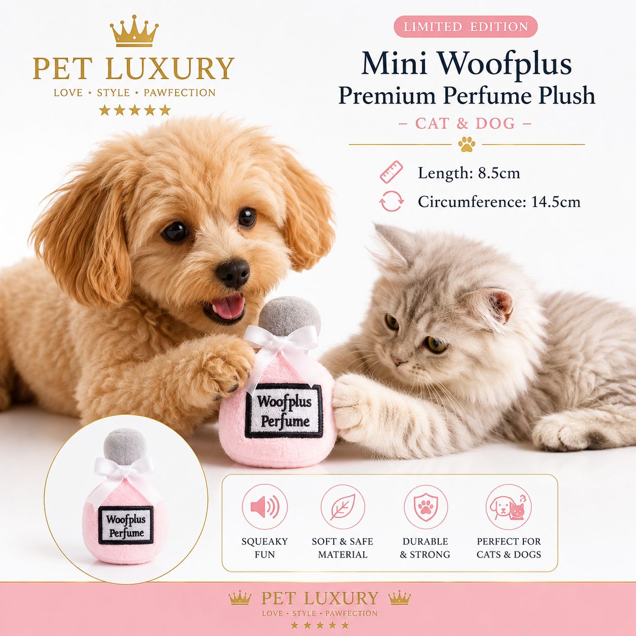 Woofie Pink Perfume Plush Pet Toy – Gray Cap Edition Woofie Pink Perfume Plush Pet Toy – Gray Cap Edition