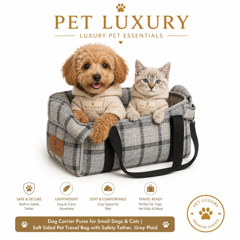 Dog Carrier Purse for Small Dogs & Cats | Soft Sided Pet Travel Bag with Safety Tether, Grey Plaid - Pet Luxury Dog Carrier Purse for Small Dogs & Cats | Soft Sided Pet Travel Bag with Safety Tether, Grey Plaid - Pet Luxury