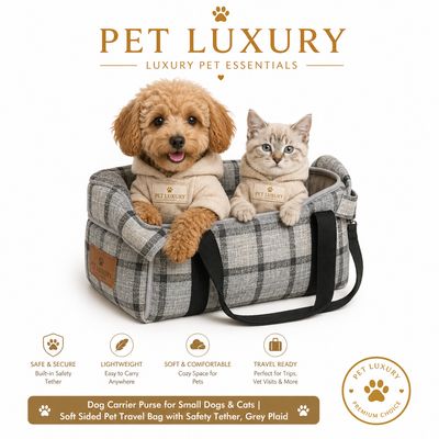 Dog Carrier Purse for Small Dogs & Cats | Soft Sided Pet Travel Bag with Safety Tether, Grey Plaid - Pet Luxury
