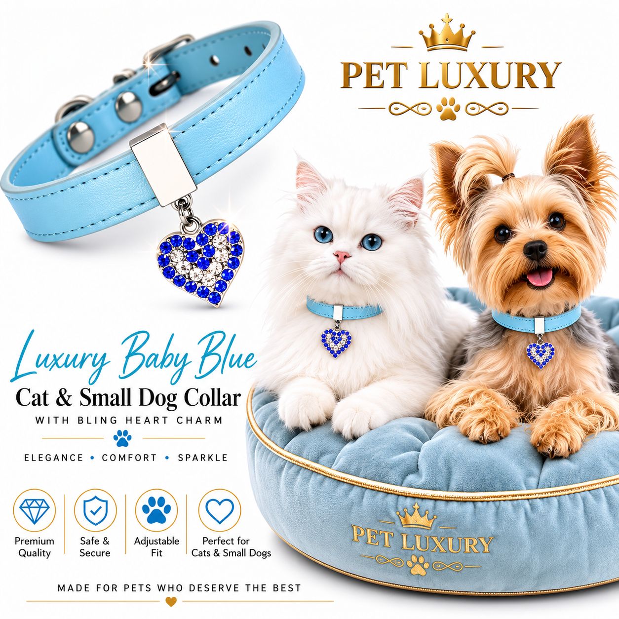 Luxury Baby Blue Cat & Small Dog Collar with Bling Heart Charm | Adjustable Sparkly Rhinestone Pet Collar for Everyday & Party Wear Luxury Baby Blue Cat & Small Dog Collar with Bling Heart Charm | Adjustable Sparkly Rhinestone Pet Collar for Everyday & Party Wear