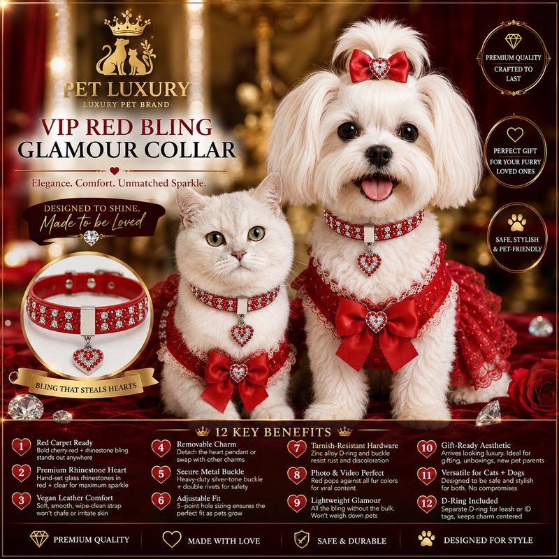 Pet Luxury VIP Red Bling Collar for Cats & Dogs | Rhinestone Heart Charm Glamour Collar | Designer Red Leather Pet Jewelry