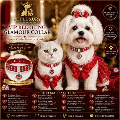 Pet Luxury VIP Red Bling Collar for Cats & Dogs | Rhinestone Heart Charm Glamour Collar | Designer Red Leather Pet Jewelry