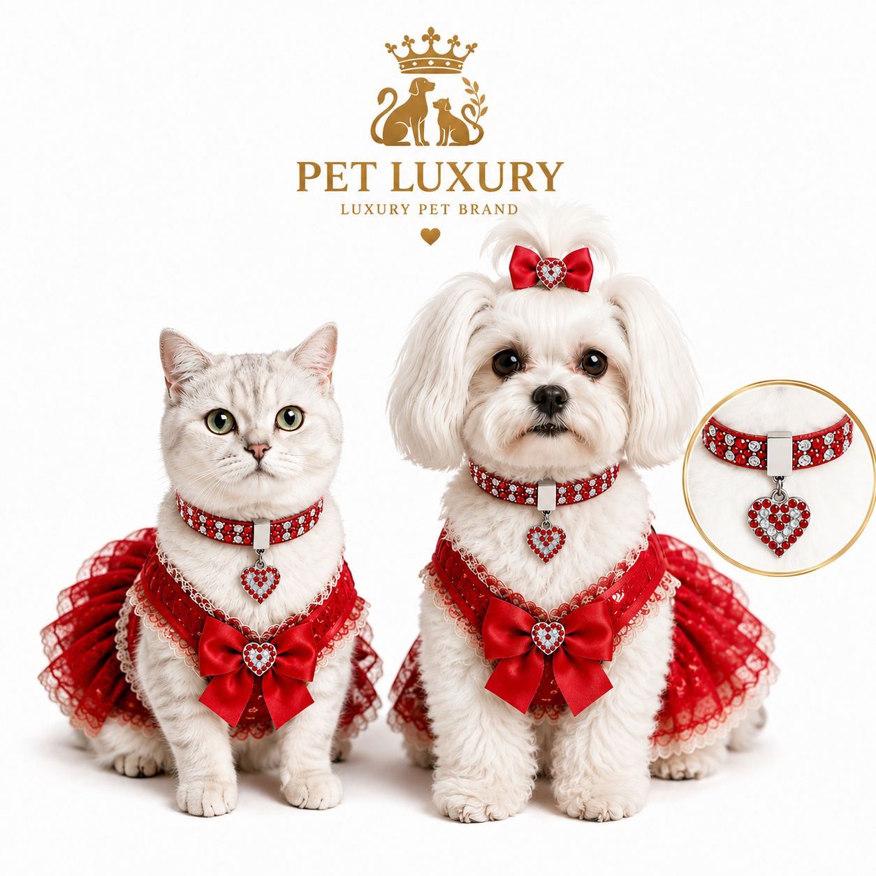 Pet Luxury VIP Red Bling Collar for Cats & Dogs | Rhinestone Heart Charm Glamour Collar | Designer Red Leather Pet Jewelry